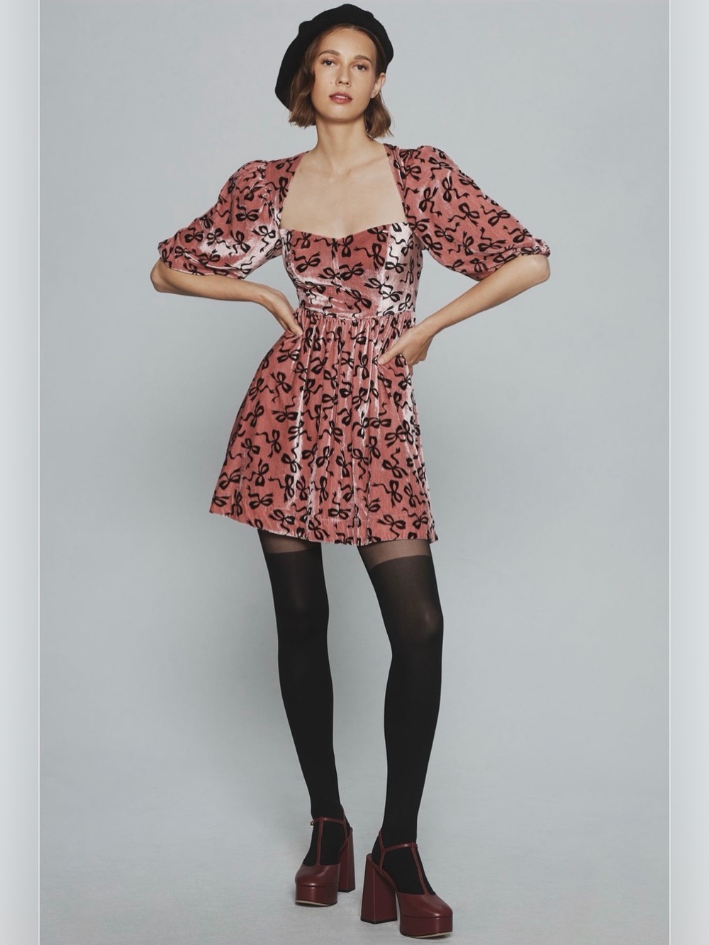 Anthropologie Maeve pink velvet bow sweetheart babydoll mini dress XS NEW NWT